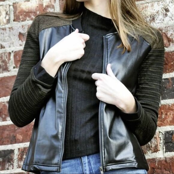 Vegan Leather/Knit Spliced Bomber Jacket - Picture 2 of 16